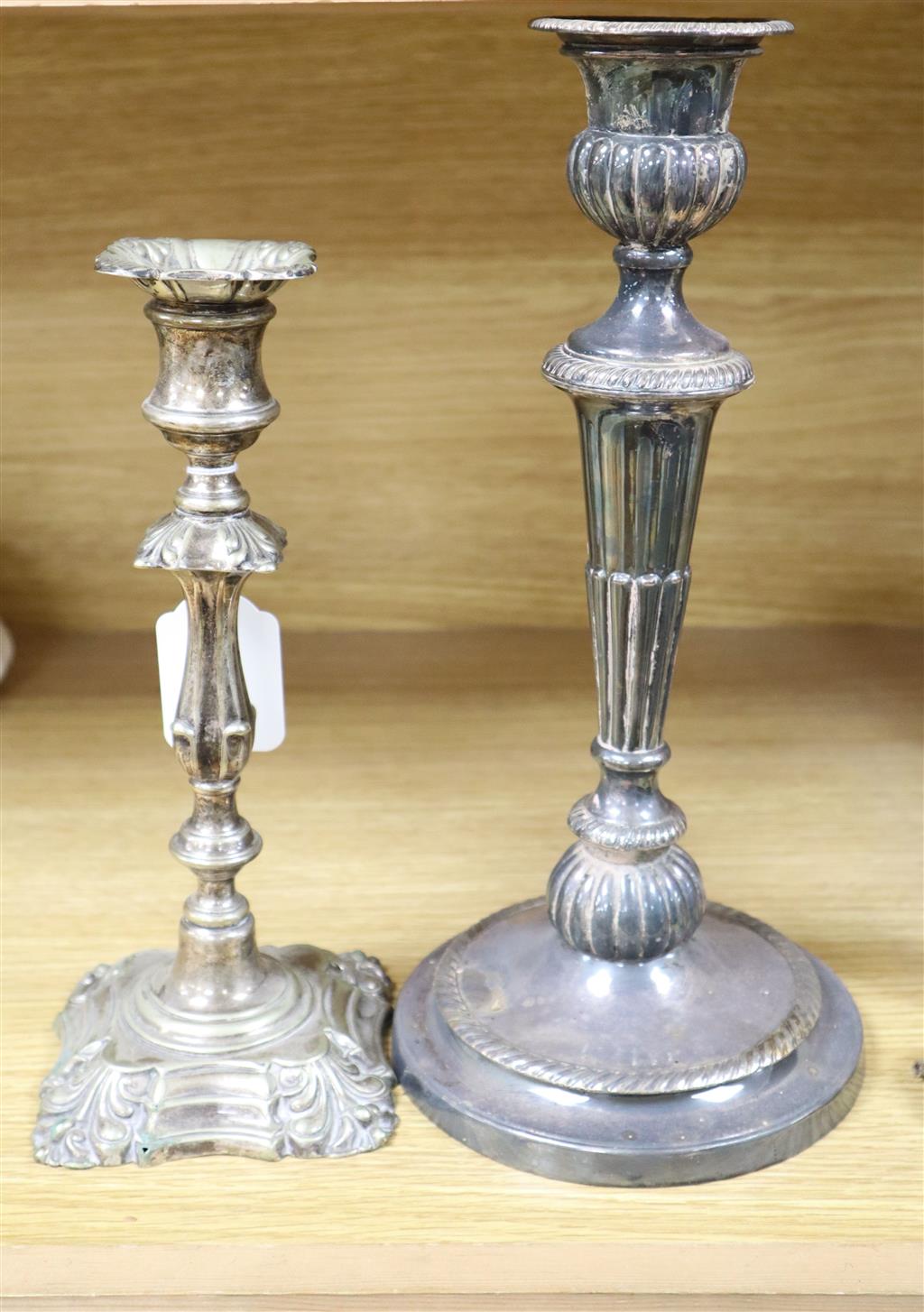 A Victorian Sheffield plate candlestick, one other, a set of Herbertz Guinea scales, a small tortoise carapace etc. (6)